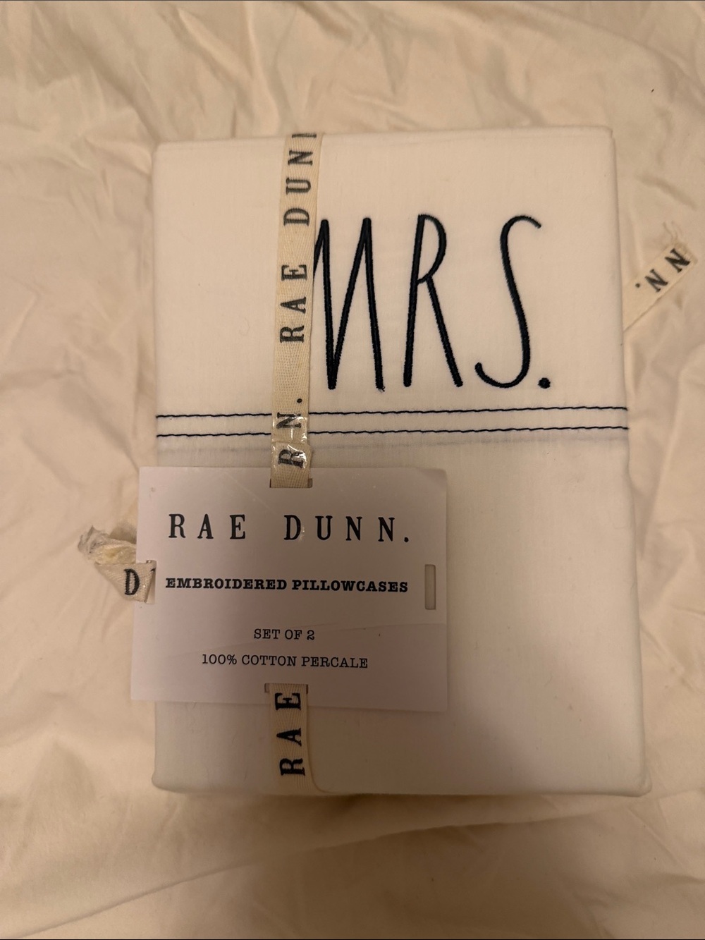 Rae Dunn White Pillowcase Set with Black Embroidery